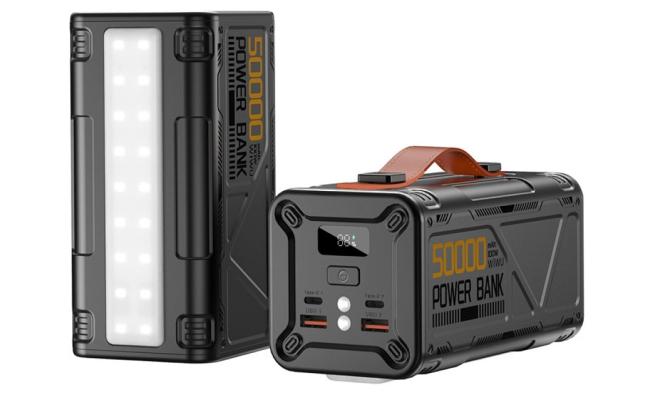 WiWU WI-P029 Armor 100W 50000mAh Power Bank multiple devices, including laptops and smartphones, Dual 100W USB-C, 22.5W USB-A Fast Charging Backup Battery with Built-in Flashlight- Black